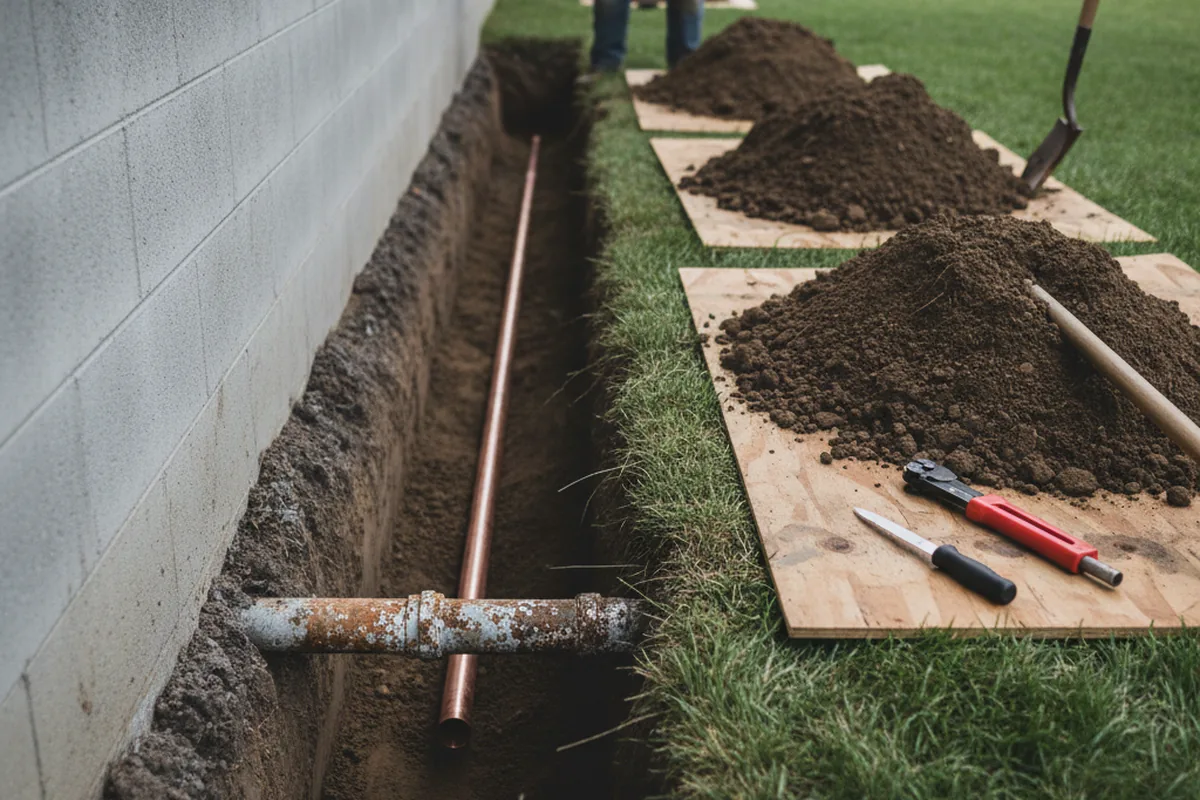 Excavated water line trench during Sewer Line Repair in Mulberry
